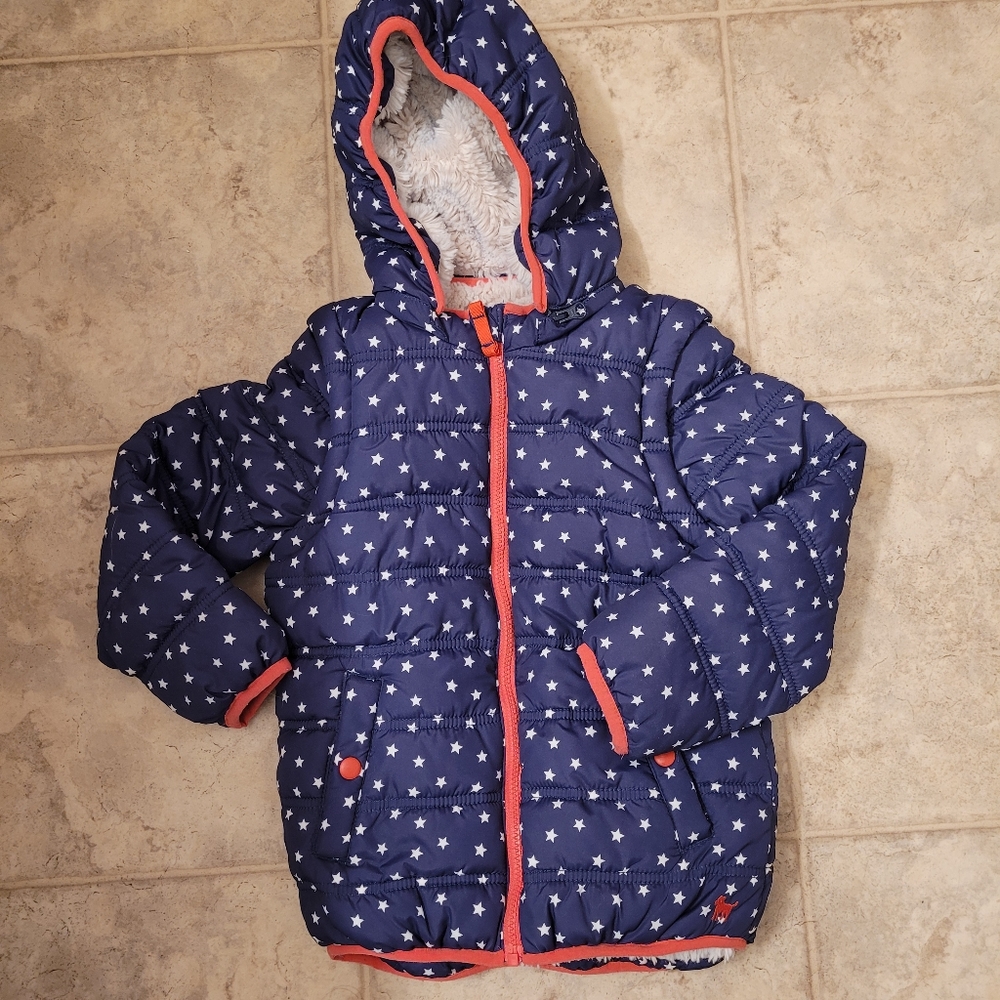Mini Boden Navy Star Puffer Jacket with Coral Trim